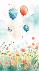 Children's illustration with a beautiful meadow with different wildflowers and colorful balloons