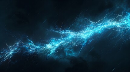 Electric blue lightning bolt streaking across a dark stormy sky, powerful and dramatic.