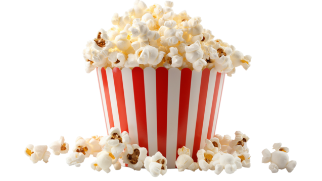 Popcorn bucket movie snack in cinema movie theatre on isolated transparent background 