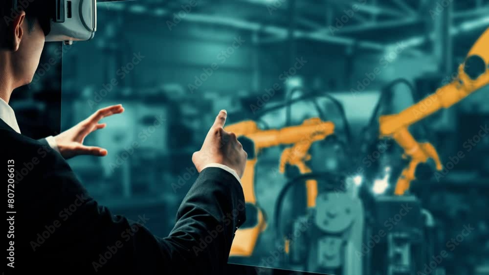 Poster mlp engineer use cybernated robotic software to control industry robot arm in factory. automation ma