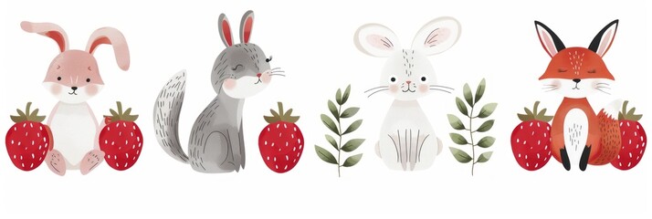 Illustration of a cute little fox and little hare among flowers and raspberries on a white background, children's illustration for a book, banner