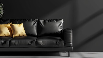a black sofa adorned with opulent golden cushions, nestled within a modern interior, evoking the allure of Black Friday shopping with ample copy space for promotional banners.