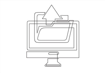 File transfer. One continuous line drawing of monitor with folder on screen and transferred documents. Copy files, data exchange, backup, PC migration, file sharing concepts.