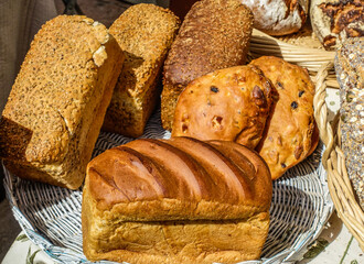 Various bread freshly baked at the bakery in France
