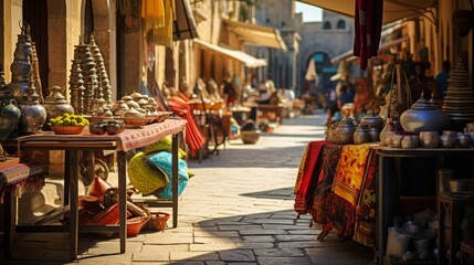 Lively ancient Greek marketplace with colorful stalls exotic goods