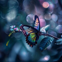 AI generated illustration of an iridescent butterfly on branch
