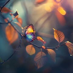 AI generated illustration of a close-up of a butterfly perched on a tree branch