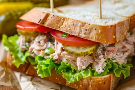 Close up of a tuna sub sandwich with salad and pickles