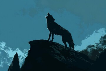 Illustration of a wolf howling at the top of a mountain