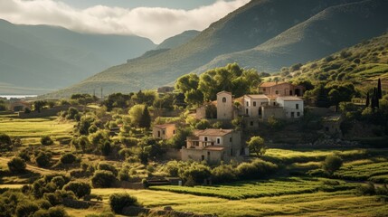 idyllic Greek village in hills terraced fields charming cottages locals in traditional crafts