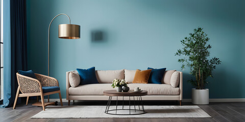 The Mock up furniture design in modern interior and blue background, living room