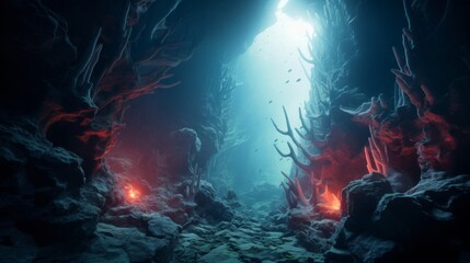 Underwater cave system believed to be Poseidon's lair with coral formations - obrazy, fototapety, plakaty