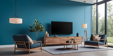 The Mock up furniture design in modern interior and blue background, living room