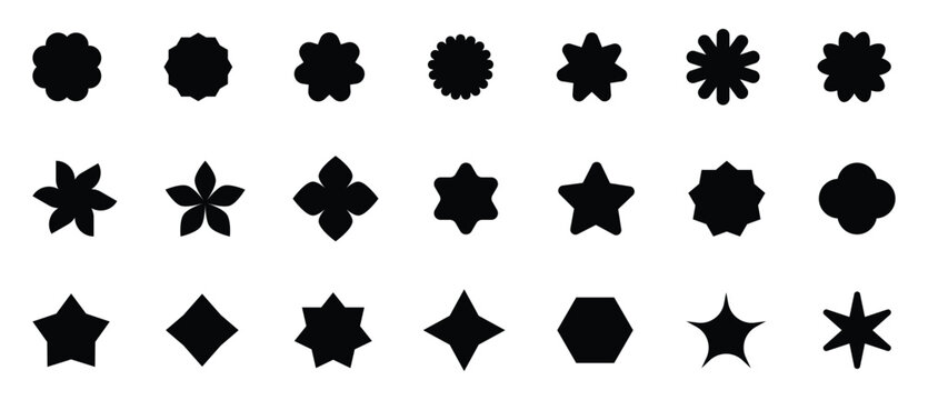 Set of Basic shape, star shapes, asterisks icons. Polygonal elements. Black geometric design symbol, starburst collection. Sign for banner and sale in vector flat style.