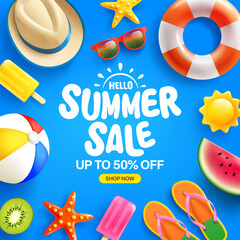 Colorful Summer Sale Banner with Sunglasses, Watermelon, Ice Cream, and Beach Ball, Vibrant Summer Sale Advertisement with Beach Accessories and Fruits.Vector illustration eps 10