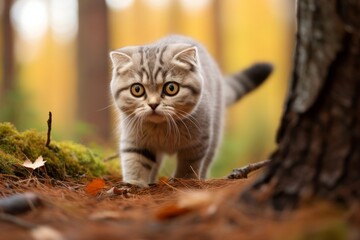 Obraz premium Group portrait photography of a cute scottish fold cat exploring isolated in forest background