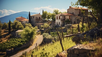 Village tranquility in Greek mountains terraced vineyards charming cottages traditional crafts