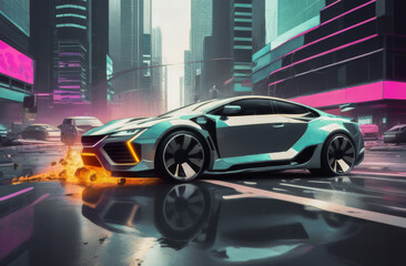 an accident of modern cars in the city of the future generated by a neural network