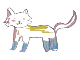 child's colored pencil drawing of a cat, blue paws, red tail, yellow back, cat looking right at me, tail in the air.