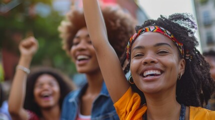 Young women in a vibrant display of unity and strength, celebrating Juneteenth with resilience and joy