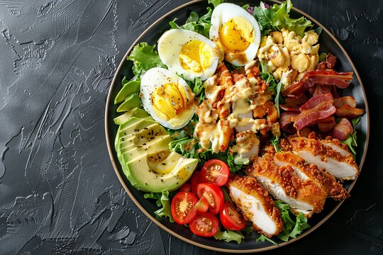 Cobb salad with fried chicken avocado tomatoes eggs bacon cheese on dark background Top view with copy space