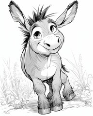 Obraz premium Black and white illustration for coloring animals, donkey.