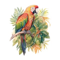 Obraz premium Colorful parrot among bright green tropical leaves