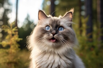 Obraz premium Close-up portrait photography of a smiling neva masquerade cat skulking isolated in forest background