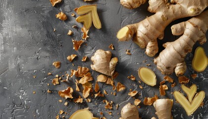 Composition of fresh and dry ginger on a grey table displayed in a flat lay style