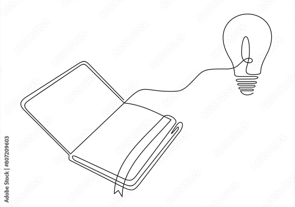 Poster one single line drawing of shining light bulb above open text book logo identity. continuous line dr