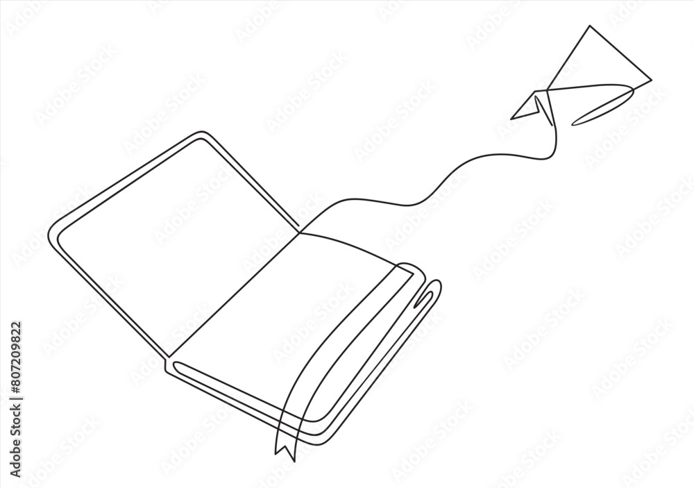 Poster continuous one line drawing of open book with flying paper plane. vector illustration on white backg