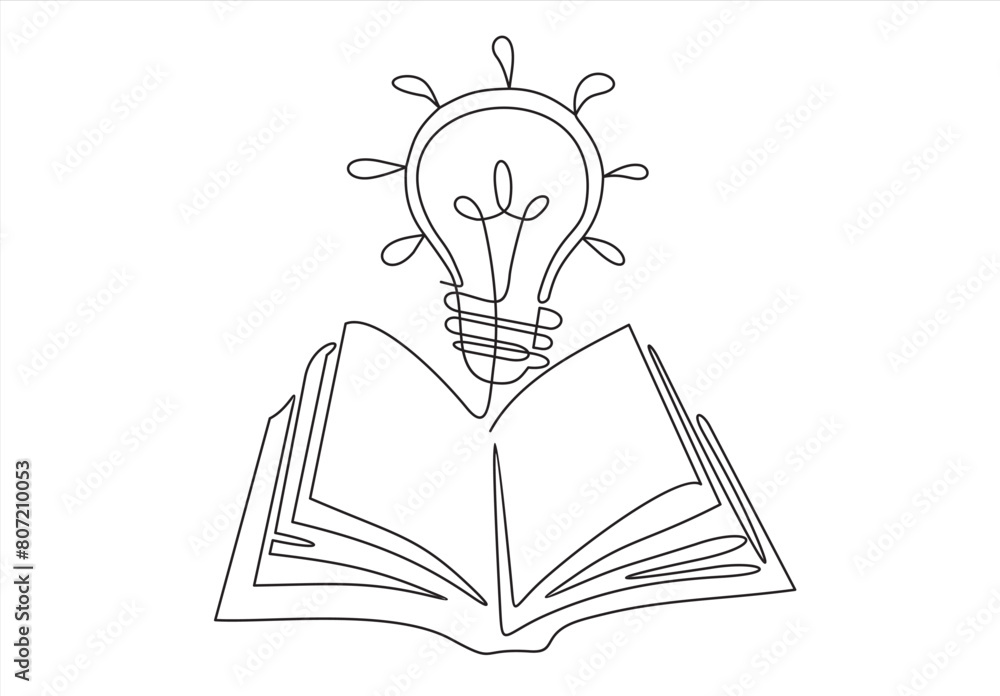 Poster one single line drawing of shining light bulb above open text book logo identity. continuous line dr