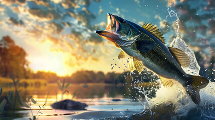 Obraz premium Jumping Bass Fish For Wallpaper Background, Fishing Lovers Image , On Water Forest and Mountain, Freshwater Fish, Fish Scene
