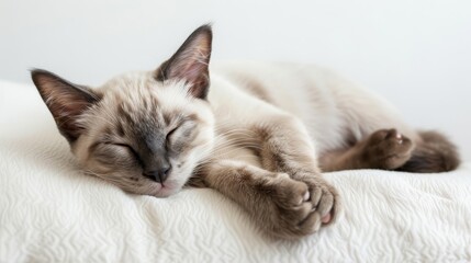 A cat is sleeping on a white blanket