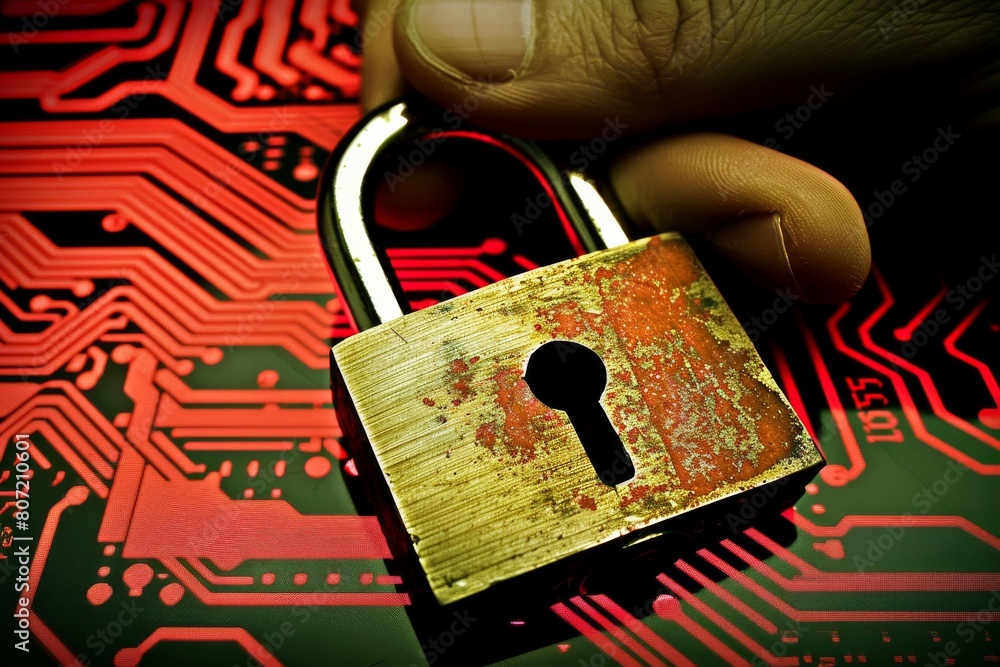 Poster digital barriers protect data, cyber policies on laptops secure networks, high-tech security measure