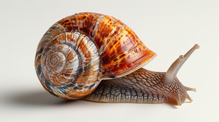 A small orange and brown snail is laying on a white background