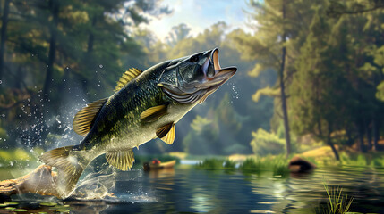 Fototapeta premium Jumping Bass Fish For Wallpaper Background, Fishing Lovers Image , On Water Forest and Mountain, Freshwater Fish, Fish Scene