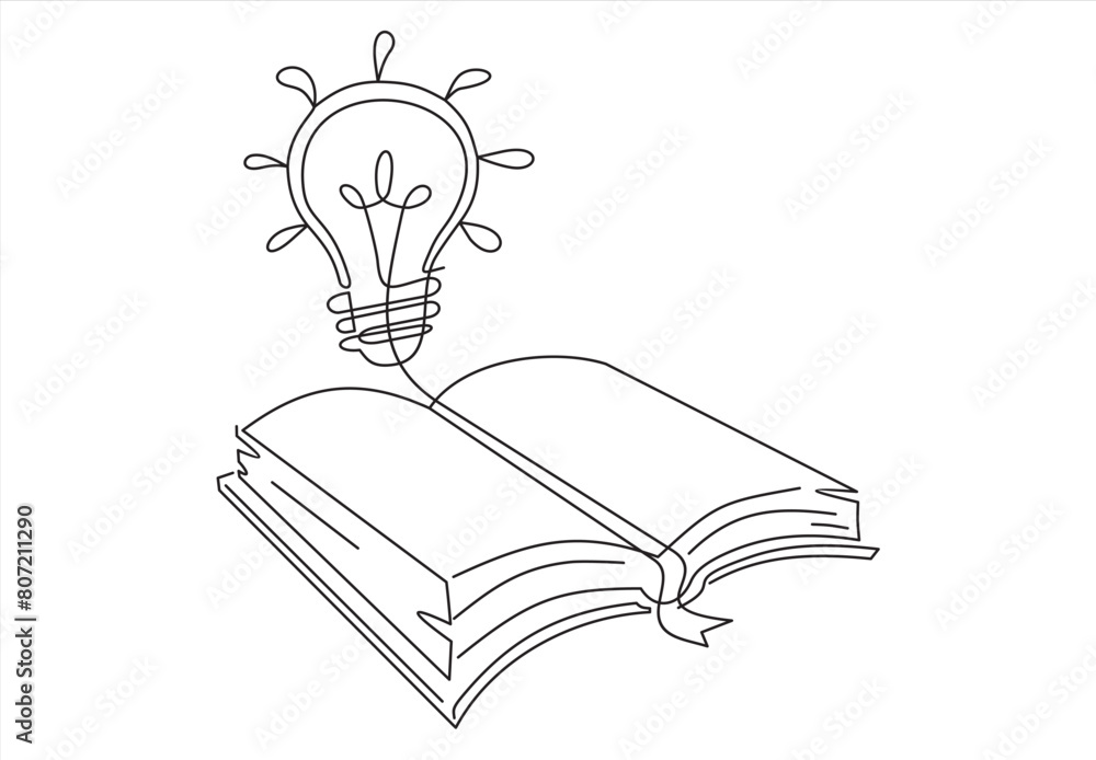 Poster one single line drawing of shining light bulb above open text book logo identity. continuous line dr