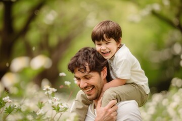 Fototapeta premium Cheerful young boy riding on his father's shoulders in a springtime flower field