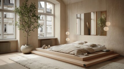 a Scandinavian-inspired bedroom, featuring a wooden bed, wall-mounted mirror, and window, simple furniture against beige walls, y a white carpet, a lush green plant, and soft lighting.