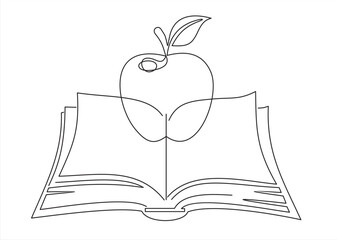 Vector line drawing icon of book and an apple back to school concept in silhouette sketch on a white background. Linear stylized.