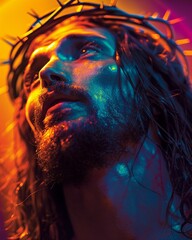 The vibrant colors of the sunset illuminate Jesuss face, casting a halo of light around his head, clean sharp focus