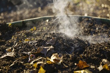 Fototapeta premium Earthworms Emerging from Fertile Soil with Fresh Leaves and Steam in Garden