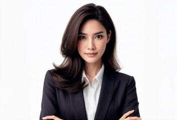 Confident asian businesswoman portrait isolated on gray background. Copy space