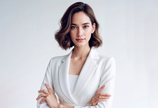 Portrait of a pretty Young woman wearing white suit on white background