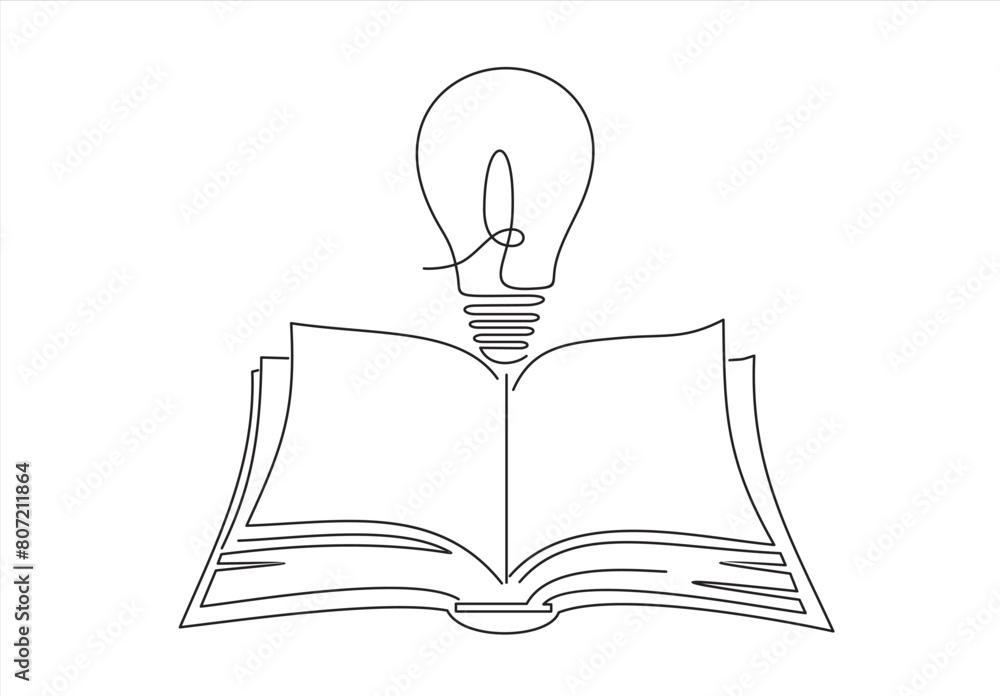 Aufkleber one single line drawing of shining light bulb above open text book logo identity. continuous line dr
