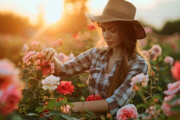 Caucasian woman tending to roses in a summer garden bathed in the golden light of sunset