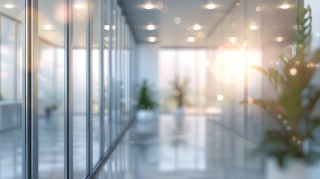 Beautiful blurred background of a light modern office interior with panoramic windows and beautiful lighting. hyper realistic 