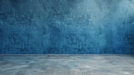 Blue wall in an empty room with concrete floor hyper realistic 