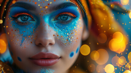 Macro format illustration of a beautiful girl with details of makeup on her face dedicated to carnival festivities
